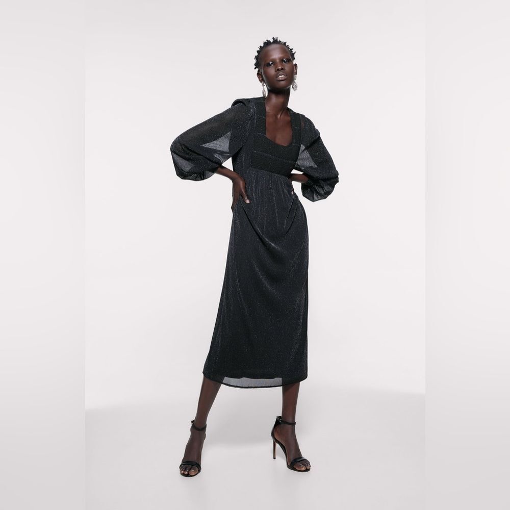 ZARA Black Dress With Metallic Thread - S